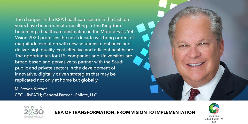 SAUSCEOForum's tweet photo. “The changes in the #KSA healthcare sector in the last ten years have been dramatic resulting in The Kingdom becoming a healthcare destination in the Middle East.” - RxPATH CEO & Philot,LLC General Partner M.Steven Kirchof #SaudiArabia #SAUSCEOForum #Vision2030 https://t.co/eJrY0EI8jF