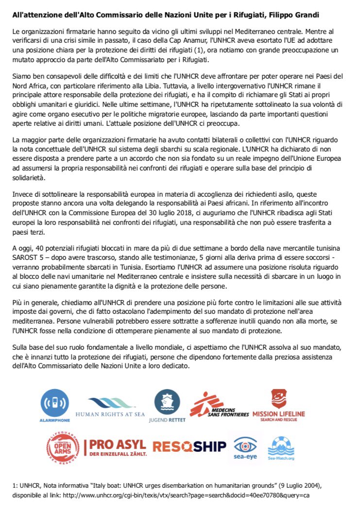 Chiediamo all'#UNHCR di prendere una posizione più forte contro le limitazioni alle sue attività imposte dai governi, che di fatto ostacolano l'adempimento del suo mandato di #protezione nell'area mediterranea. 
La lettera aperta>> bit.ly/2OwsUX2