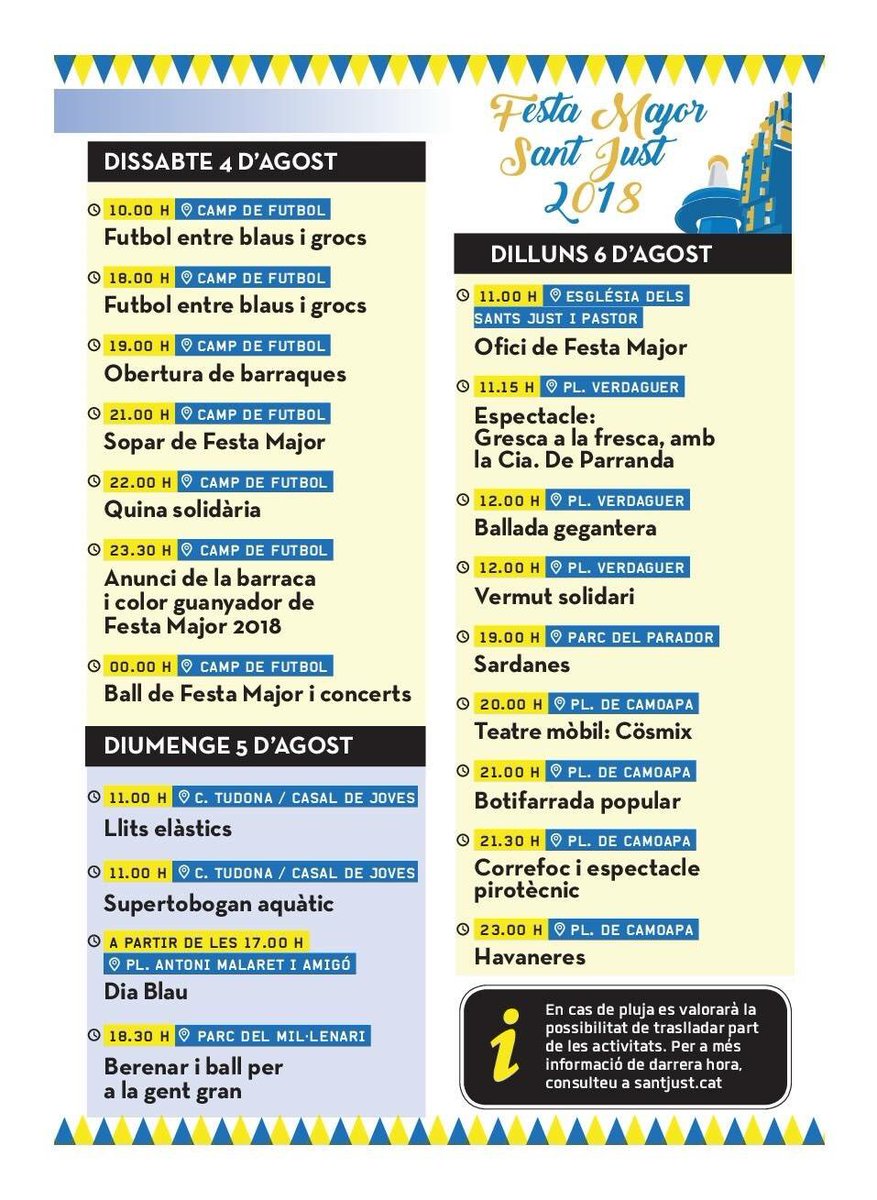MESSantJustDesv's tweet photo. Falta un dia per iniciar la #FestaMajor de #santjust, de l’1 al 6 d’agost. #fmsantjust2018 @festessantjust #elnucli #grocsiblaus18 viu-la gaudeix-la i recorda #NomésvalsietdicSí https://t.co/Kh0N17lJ0u