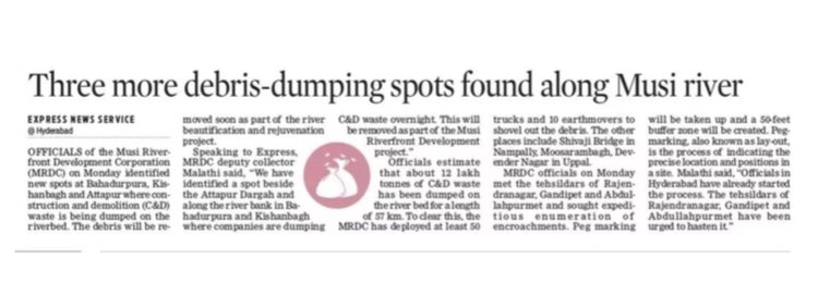 PrlsecyMAUD's tweet photo. Following instructions from Hon’ble Minister @KTRTRS, illegal debris dumping locations along the #Musi river are being identified and cleared regularly. Dy Collector Smt. Malathi garu with her team working on identifying more such points. @KTRTRS @arvindkumar_ias @ZC_Khairatabad https://t.co/iZzKtQpob3