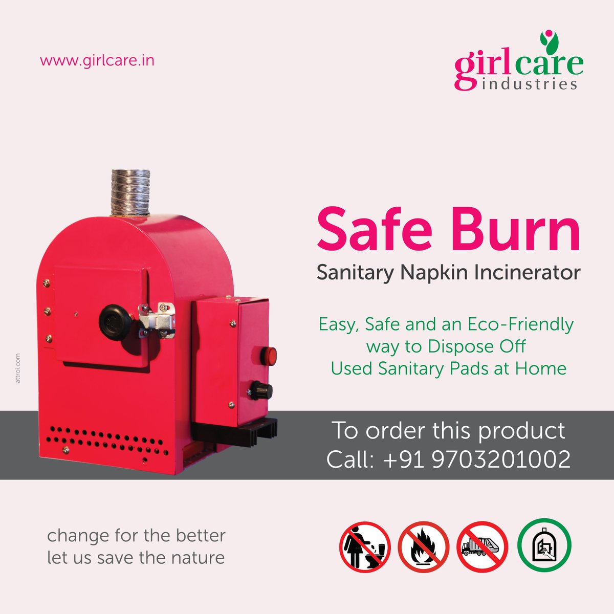 girlcareind's tweet image. Use the most finest method to dispose off used sanitary pads by Installing Safe Burn incinerator at Home.

To order this product, Call - 9703201002 or visit girlcare.in

#incinerator #safeburn #ecofrindly #nature #change #girlcareindustries #usedsanitarypads #home