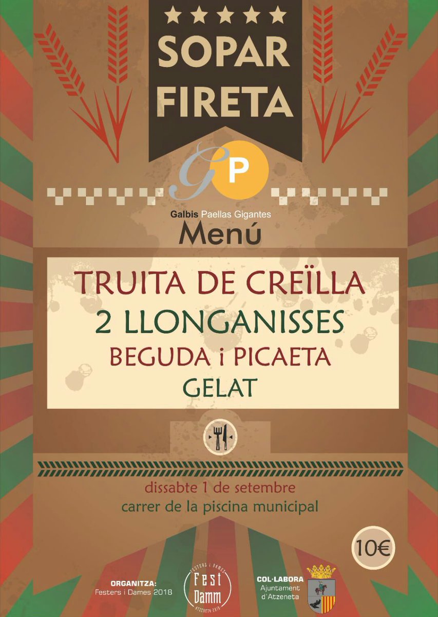 Vos esperem el dia 1 de setembre per al nostre tradicional sopar de la fireta!  L'esdeveniment es produirà al carrer de la piscina municipal! No falteu!