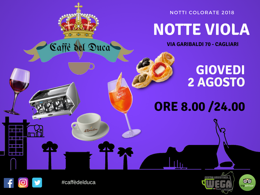 CaffedelDuca's tweet photo. Penultimo appuntamento con le Notti colorate, questo giovedi colore VIOLA !!! Vi aspettiamo per l'aperitivo regale da Caffè del Duca nella via dello shopping di Cagliari. #notticolorate #notticolorate2018 #cagliari #caffèdelduca #saldi #spritz #aperol #aperitivo #taglierino https://t.co/Quh69aF4Ul
