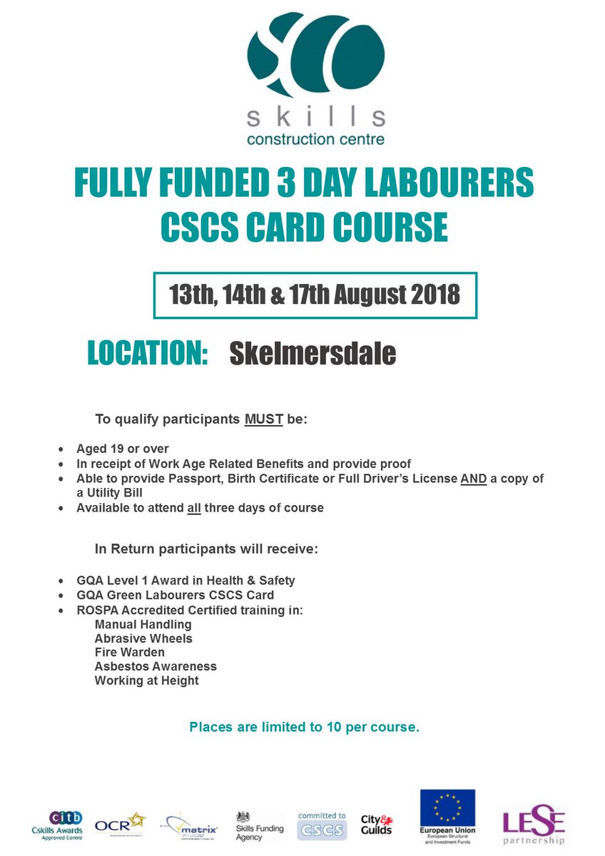 Are you looking to get a CSCS Card?
Are you 19+?
Are you in receipt of work age related benefits?

Book your place on our Fully Funded 3 day Labourers CSCS Card Course on 13th, 14th &amp; 17th August in Skelmersdale

#GetInvolved #Construction #CSCS