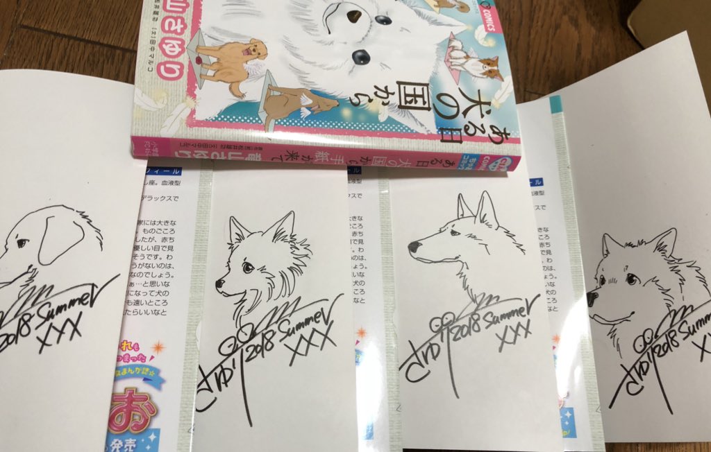 8月25.56日開催のちゃおサマフェス横浜会場用のサイン本を書いて書いて書きまくりました。ささやかですが全てに犬のカット入りです。
『うちの犬が子ネコ拾いました。』のサイン本も少しですが置いてもらう予定です! 