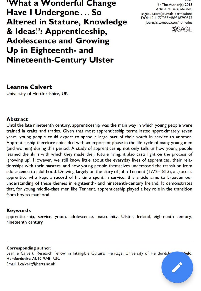 Published this morning with Irish Economic and Social History, my article on Apprenticeship, Adolescence& Growing Up in C18th-19th Ulster, told through the diary of John Tennent: #histchild #histyouth #lifecycle #adolescence #irishhist  journals.sagepub.com/doi/10.1177/03…