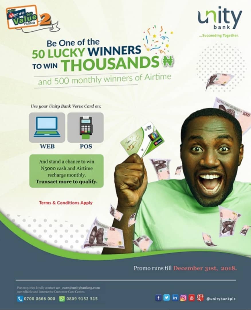 UnityBankPlc's tweet photo. Do you know when you use your @UnityBankPlc issued @vervecard on POS & Web you qualify to be among 550 winners monthly to win Airtime & Cash Prizes in the #UnityBankPlc #VerveForValuePromo II ?
Hurry promo valid from Now till 31st December 2018.
#UnityBank
#SucceedingTogether https://t.co/AIElN68E5B