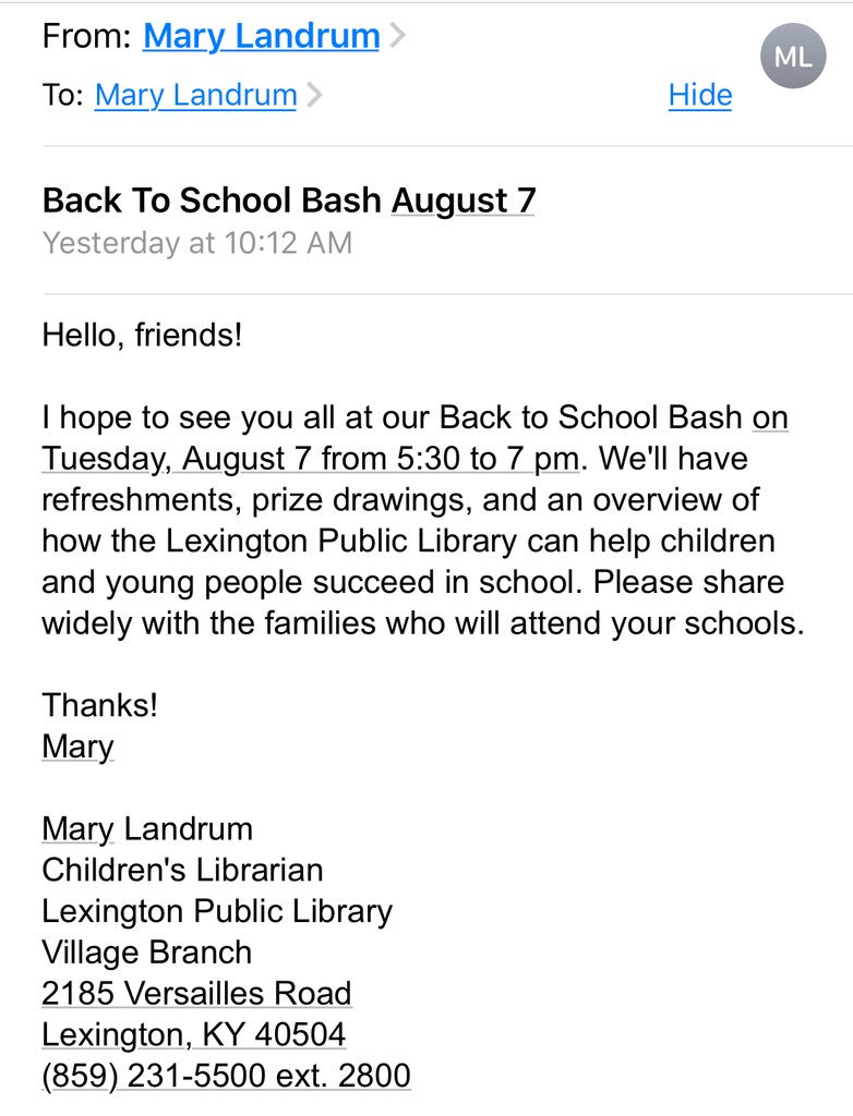 FCPSalternative's tweet photo. @lexpublib VILLAGE BRANCH BACK TO SCHOOL BASH  August 7 at 5:30! Thank you, @LibraryMary1209 for spreading the word! https://t.co/mIn2KcDcZA