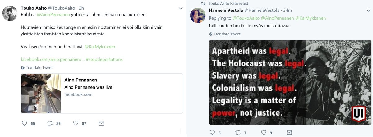 findani's tweet photo. Touko Aalto antoi tukensa poliisin virkatyön häiritsemiselle ja jakoi tweetin, jossa kielteisen turvapaikkapäätöksen saaneiden palautuksia verrataan orjuuteen ja holokaustiin.

Uskomatonta historiattomuutta ja piittaamattomuutta virkavaltaa ja lakien noudattamista kohtaan. https://t.co/sNk4iztAhX