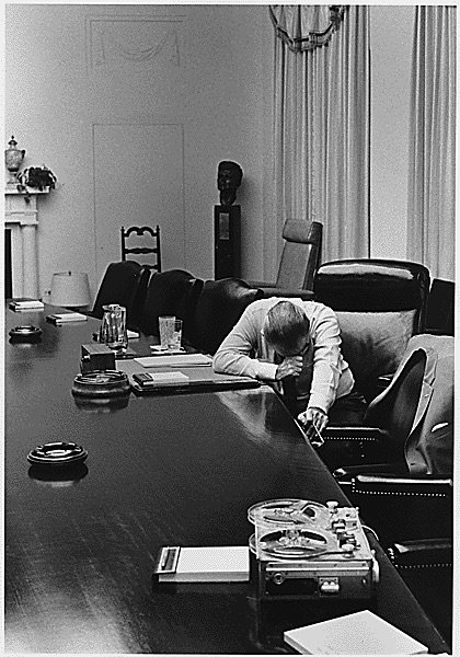 President Lyndon B. Johnson listens to tape sent by his son-in-law Captain Charles Robb from Vietnam. 50 years ago #OTD catalog.archives.gov/id/192617