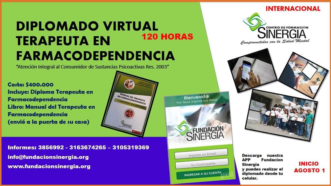sinergiaIPS's tweet photo. Diplomado Terapeuta en Fármacodependencia virtual
Inicio agosto 1 a 9 de agosto
Inf. 3163674265 https://t.co/XuX5Ann6y7