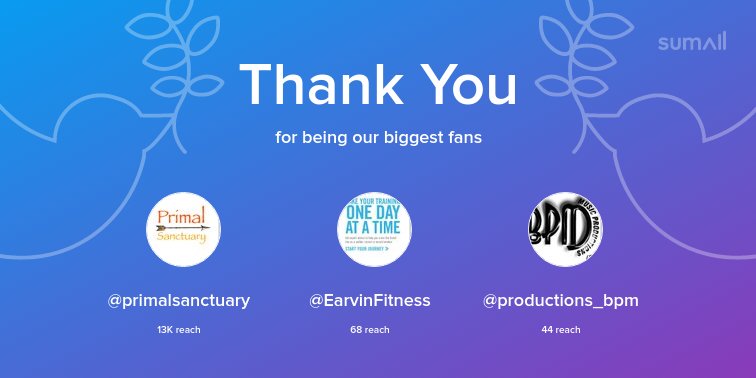 Our biggest fans this week: @primalsanctuary, @EarvinFitness, @productions_bpm. Thank you! via sumall.com/thankyou?utm_s…