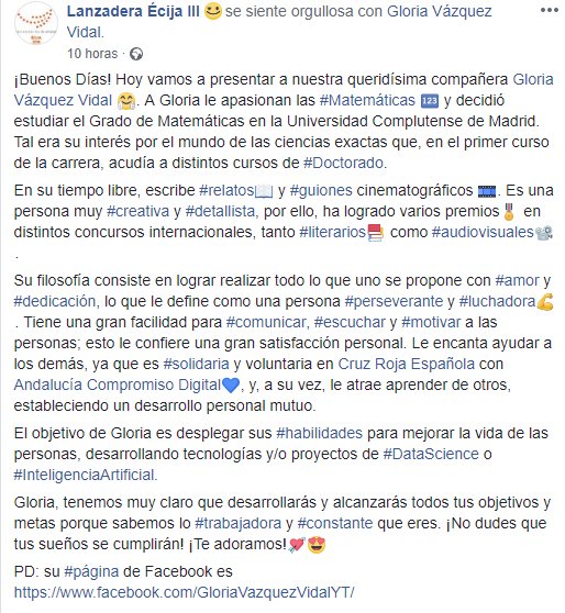 GloriaVazquez_'s tweet photo. Bien se podría decir que la @lanzaderaecija me ha cambiado la vida y que, en ella, he encontrado a una gran #familia. 😍 Gracias por tenerme en tan alta estima y hablar tan bien de mí en Facebook. 😊 Sois geniales. @Lanzaderas_EES  @FundacionSMLRPH #FelizMartes https://t.co/5txVKInTEH