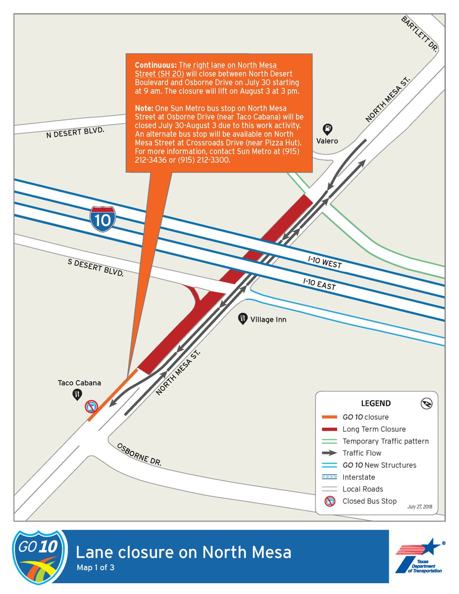 GO10EP's tweet photo. ALL WEEK: The right lane on North Mesa is closed near Osborne Drive. One bus stop (see the map) will be closed while crews install a storm drain pipe #eptraffic @txdotelp #GO10ep @SunMetro https://t.co/pQYVYvOoND