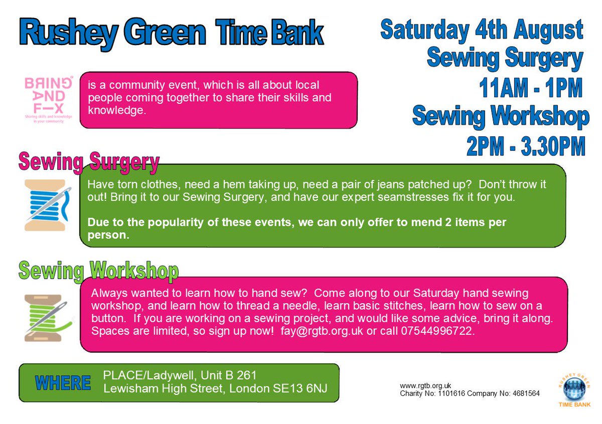 RGTB's tweet photo. Sewing Surgery this Saturday @PLACELadywell where @RGTB members are on hand to mend your clothes. Spread the word about our public &amp; free event, Sat 4th August 11am-1pm @PLACELadywell. #reducereuserecycle #lewisham #Ladywell #BringandFix #Catford #SE6 #SE4 #SE13 #SharingEconomy https://t.co/FBhYtfQQG2