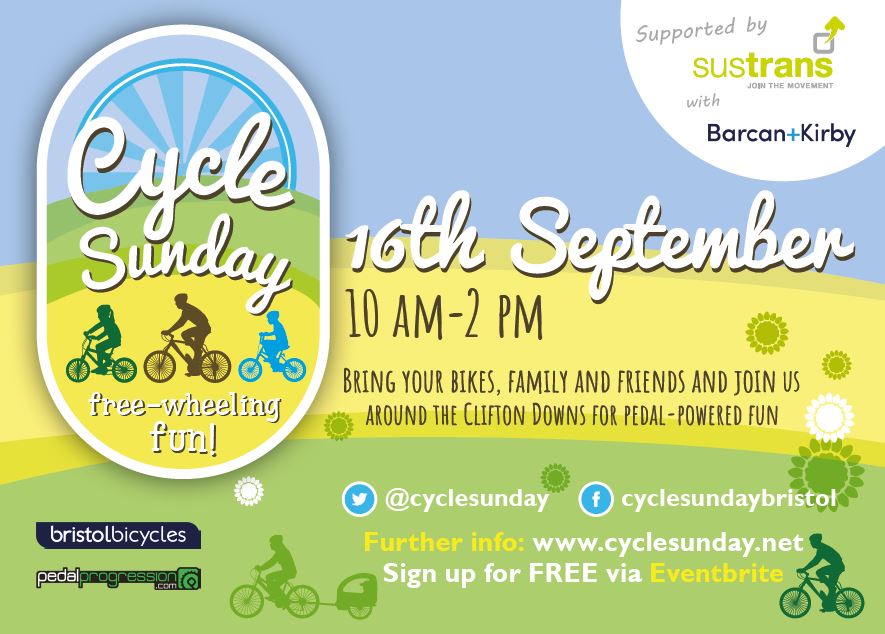 SustransSouth's tweet image. Many thanks to our sponsors Barcan+Kirby @PedalProg @BristolBicycles @BristolCycling for supporting @CycleSunday. We're looking forward to a great #trafficfree @CycleSunday with you on 16th September from 10am-2pm. Visit bit.ly/2LRTons to register.