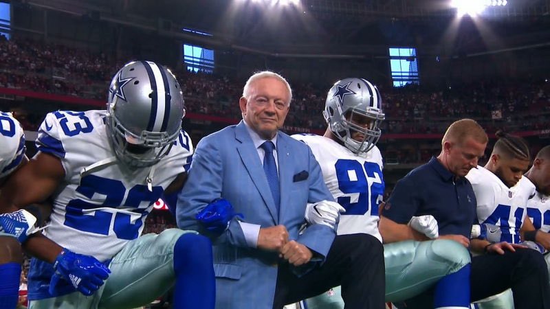 chrystalstone_'s tweet image. So, what was the point of Jerry Jones kneeling "before" the anthem w/the #Cowboys in a show of "unity" in response to Trump's "son's of b*tches" speech last Sept., when he is threatening to do exactly what 45 suggested, fire players who kneel? #nflprotest #jerryjones #fraud 🤔