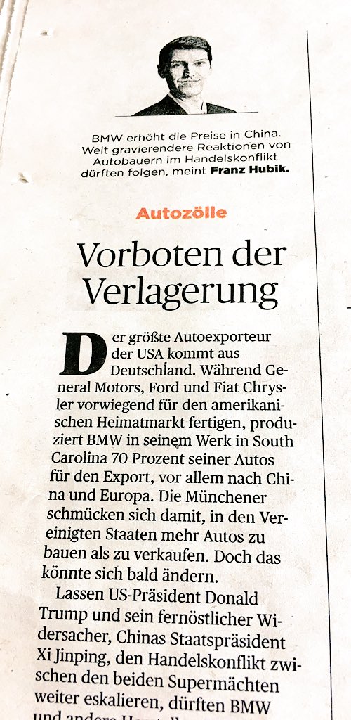 BakerMcGER's tweet photo. .@F_Hubik heute im @handelsblatt: #BMW erhöht die Preise in #China: Bei weiterer #Eskalation des #Handelsstreits zwischen #Trump und #Jinping könnten #Autohersteller Produktion aus den #USA verlagern #China #FreeTrade #Handelskrieg #Protektionismus 🇺🇸🇨🇳🇪🇺🚗 https://t.co/6Gwhw5LK0L