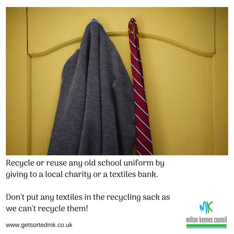 BFSTC's tweet photo. No longer need your child's old school uniform?  Remember that clothing items like trousers and ties can't go into recycling bags.  Take them to your local charity shop or textiles bank instead! https://t.co/JixZX0iJ2p