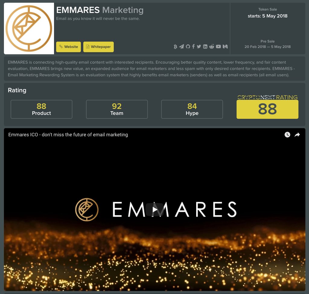 Crypt0Next's tweet image. EMMARES's #ICO is listed on CryptoNext 🥇 (Rating 8⃣8⃣/ 100) cryptonext.com/ico/emmares🎖️🏆 @emmares_io
