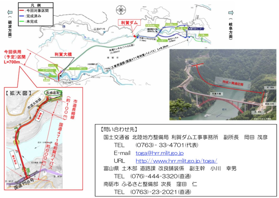 道路開通情報 On Twitter 利賀ダム工事用道路完成 一般国道471号利賀バイパス開通 南砺市利賀村栃原 長崎間 平成30年10月14日 日 一般国道156号から庄川対岸の長崎地区までの利賀大橋を含む約700mの区間 Https T Co Rao0t7hr9u Https T Co Nlpvahkqf6