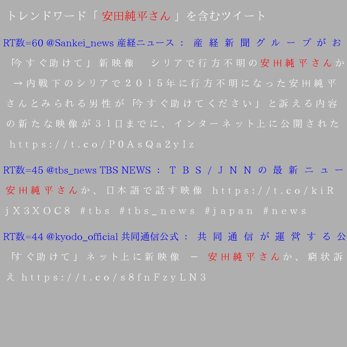 すぐ助けて ネット上に新映像 安田純平さんか 窮状訴え と共同通信 自らの名前を ウマル と名乗る 韓国に助けてもらえ というヘイトを発見 Togetter すぐ助けて ネット上に新映像 安田純平さんか 窮状訴え と共同通信 自らの名前を ウマル と名乗る 韓国に助けてもらえ というヘイトを発見 Togetter