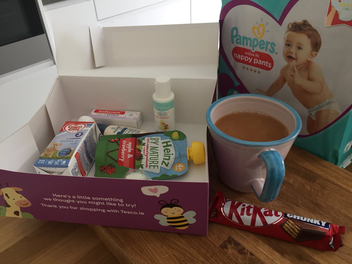 cattiblecat's tweet photo. Thanks @TescoIrl for the #babybox. I’m sure my baby will love it n’all but the handy Kit Kat You included made my morning 😆😋 #TescoBabyEvent #ItsTheSmallThings https://t.co/U9u92cIvpG