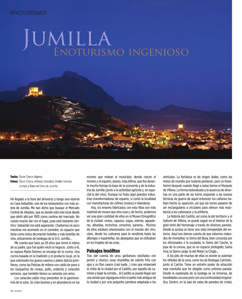 RutaVinoJumilla's tweet photo. En la última edición de la Revista @origenonline pueden ver un estupendo reportaje sobre Jumilla y su @RutaVinoJumilla titulado #JumillaEnoturismoIngenioso
👏🏽🍷🍇

🖊 @oscarcheca 
.
.
#Enoturismo #ConoceJumilla #TurismoDelVino #VenAJumilla #RevistaOrigen #Medios #Vino #Wine https://t.co/9NZRsBjrNw