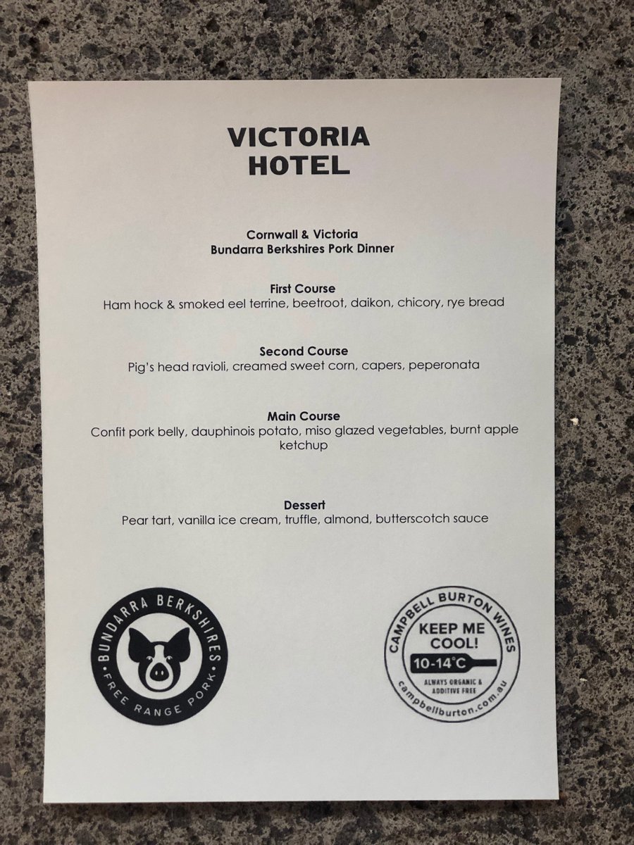 Check out this menu! Tomorrow night at the #victoriahotelfootscray chef James Cornwall is working with <a href="/BundarraPork/">Lauren Mathers</a> and this is the result. There are a few seats left. $55/person (food-only) and $80/person with drinks. Call the pub on 8320 0315 to book!
