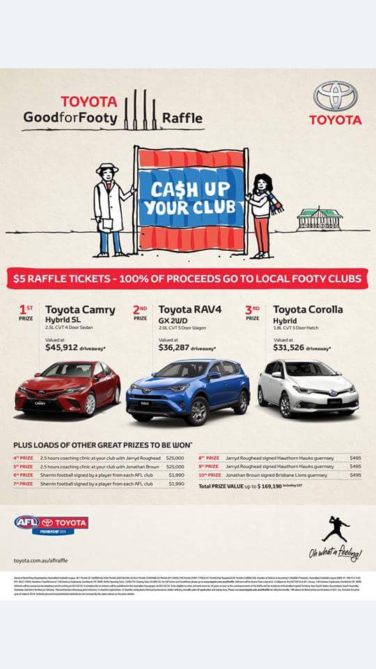 Last day tomorrow to buy a ticket for $5 in our Toyota Good for Footy raffle. Jump on our fb page to purchase. #welovetoyota #toyotagoodforfooty