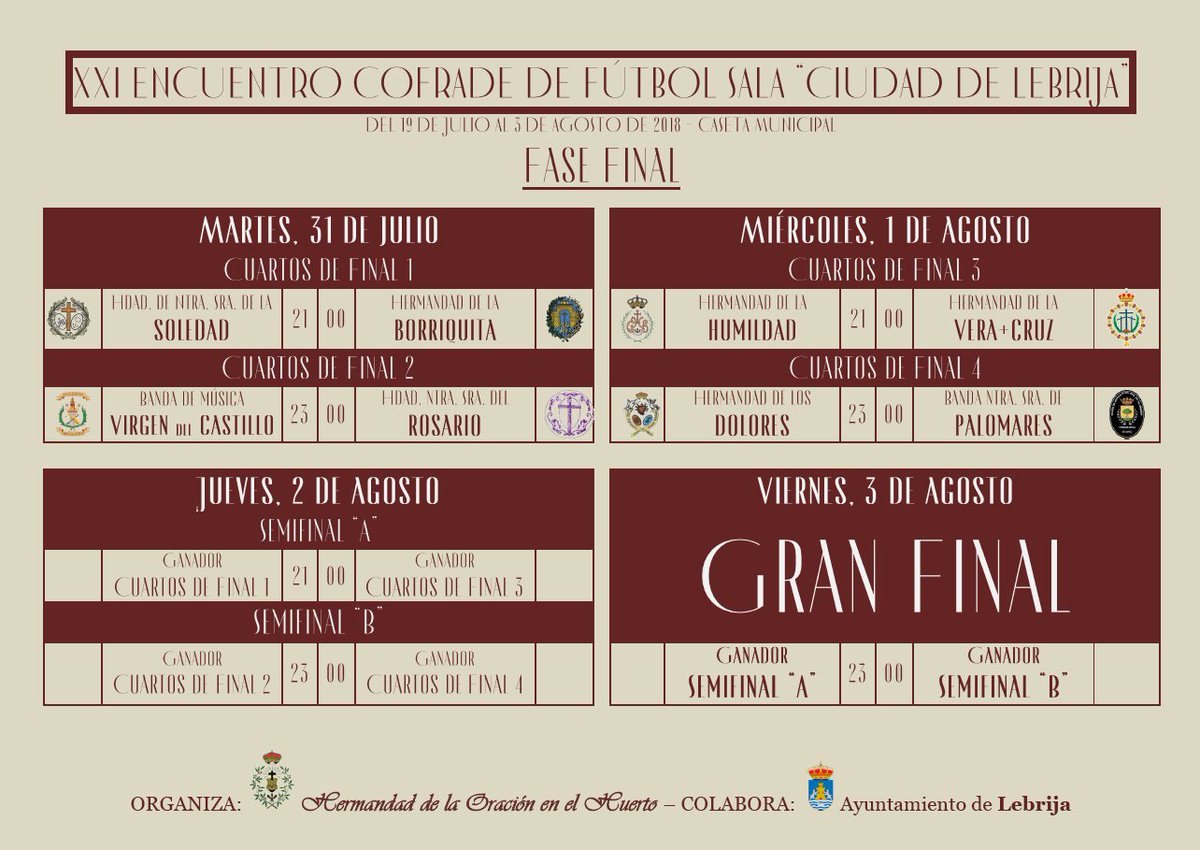 Anoche finalizó la fase de grupos y hoy comienzan los primeros emparejamientos de cuartos de final en el XXII Encuentro Cofrade de Fútbol Sala "Ciudad de Lebrija".
Además de los dos partidos de cuartos, a las 22 horas, habrá partido del campeonatos de veteranos.