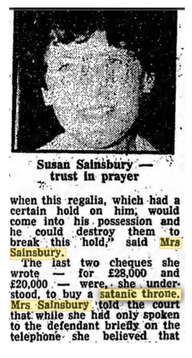 Curiouser and curiouser: The last two cheques Mrs. Sainsbury wrote to Derry Mainwaring Knight were to purchase a satanic throne!