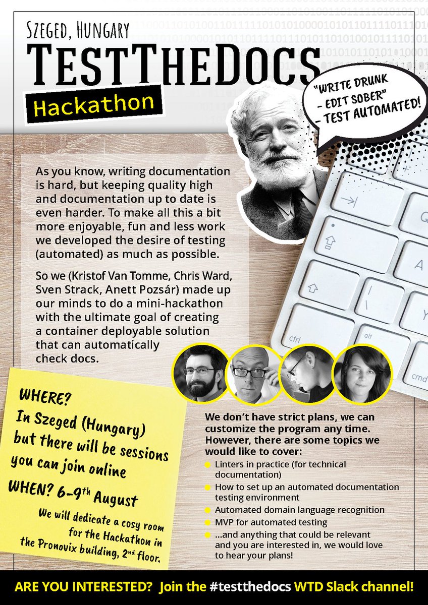 pronovix's tweet image. Test The Docs Hackathon, 6-9th August 

Join @ChrisChinch, @der_sven_ , @Katsa23 , @vass_laura  and @kvantomme in Szeged (Hungary) or 💻online💻!
linkedin.com/pulse/join-tes…

#writethedocs #testthedocs