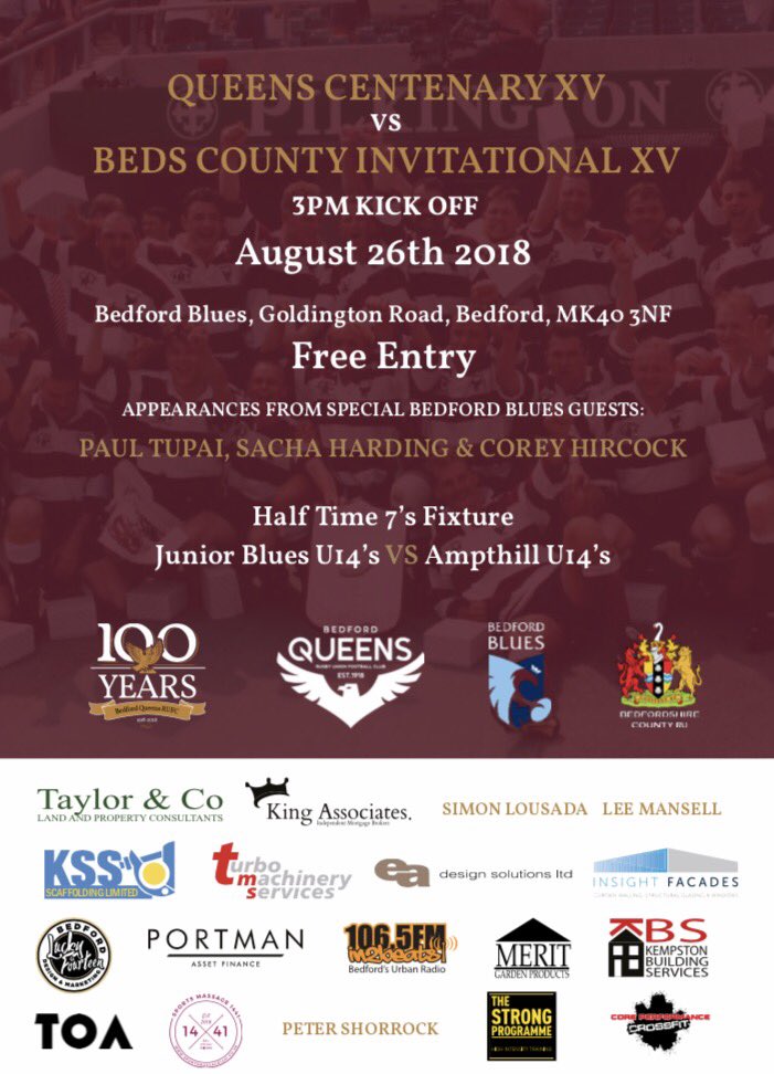 BedfordQueens's tweet image. #queens100 Our 100 year game against the county XI will be at Goldington Road Sunday 26th August. Special guests include ex Blues Paul Tupai, Sacha Harding and Corey Hircock.  Huge thanks to all our sponsors Please RT