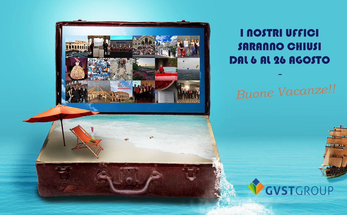 GVSTGroup's tweet image. Valigie pronte, anche @GVSTGroup va in vacanza e porta con sè un bagaglio pieno di eventi, alla conquista di nuove location!!
Cogliamo dunque l’occasione per ricordare a tutti i nostri clienti che gli uffici rimarranno chiusi dal 6 agosto al 26 agosto.Buone Vacanze a tutti! :)