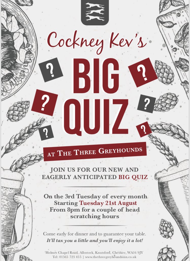 Save the date!! Join us for our much anticipated quiz on the Tuesday 21st August... Have you got what it takes to become quiz champions? 
#quiz #pubquiznight #tuesdaymotivation #tuesdaythoughts #countryside #pub #food #drink #august #summer #allostock #knutsford