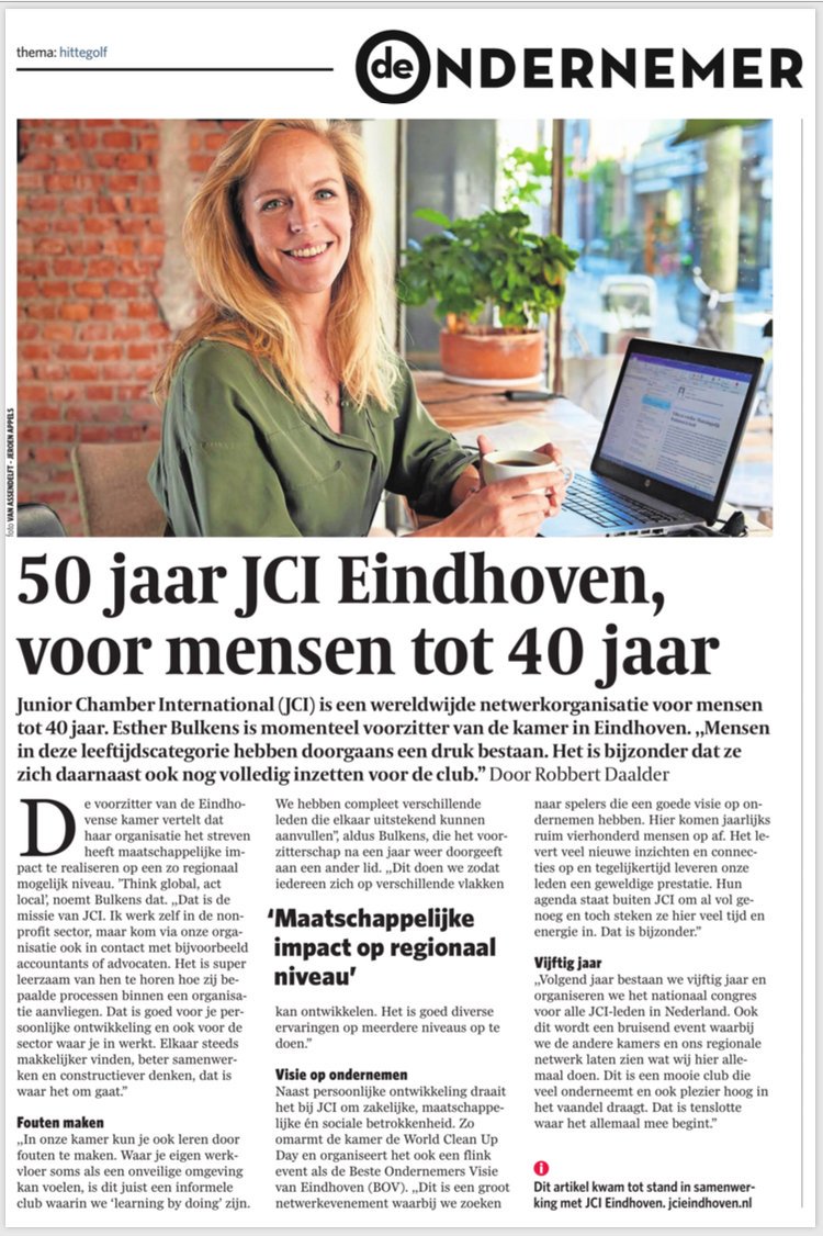 "Think global, act local!" Een mooi artikel in het <a href="/ED_Eindhoven/">Eindhovens Dagblad</a> van vandaag waarin onze voorzitter <a href="/EstherTjilpt/">Esther Bulkens</a> vol enthousiasme vertelt over <a href="/JCI_Eindhoven/">JCI Eindhoven</a> en onze aankomend lustrum. Lezen dus! 👓 📰 #ditisJCI #JCI #eindhoven #ondernemen