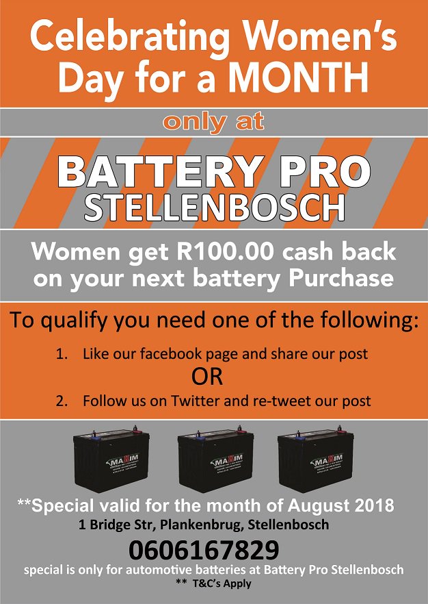 BatteryproDiv's tweet image. WOMENS MONTH is celebrated with a great special to all the Women out there.
Follow us and re-tweet to qualify for our special.
Special is Only available at Battery Pro Stellenbosch during August
#WomensMonth #women #stellenbosch #batteries #special