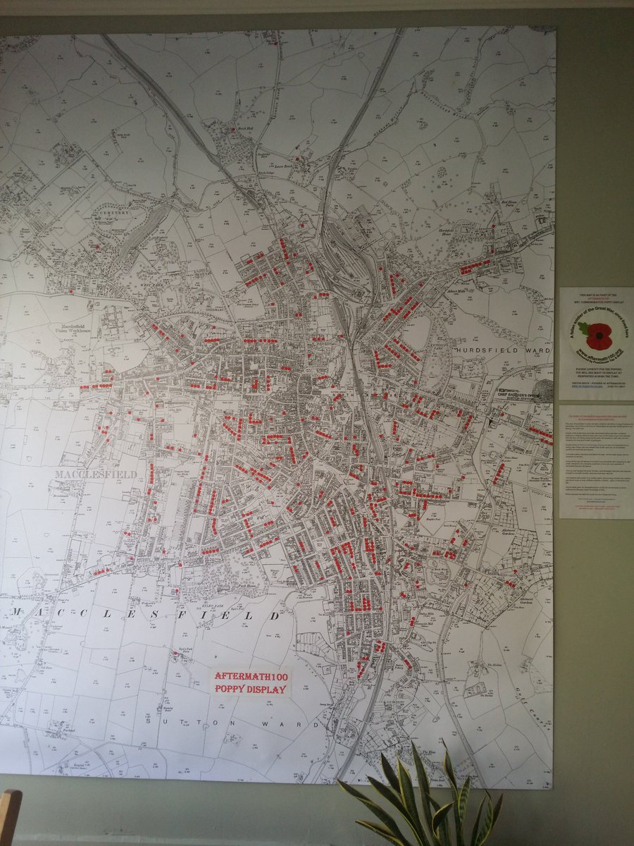 We've got a really fascinating map of Macclesfield up, as part of the #Aftermath100 Project - WW1 Commemorative Poppy Display. Each red dot represents a soldier once associated with a property on that street that lost their life in the war.
