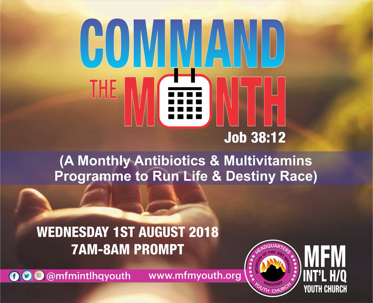 mfmintlhqyouth's tweet photo. Come join us tomorrow as we Command The Month and take charge tomorrow.
Time: 7am-8am
Venue: Youth Church Auditorium
#commandthemonth https://t.co/9S8GomY8j7