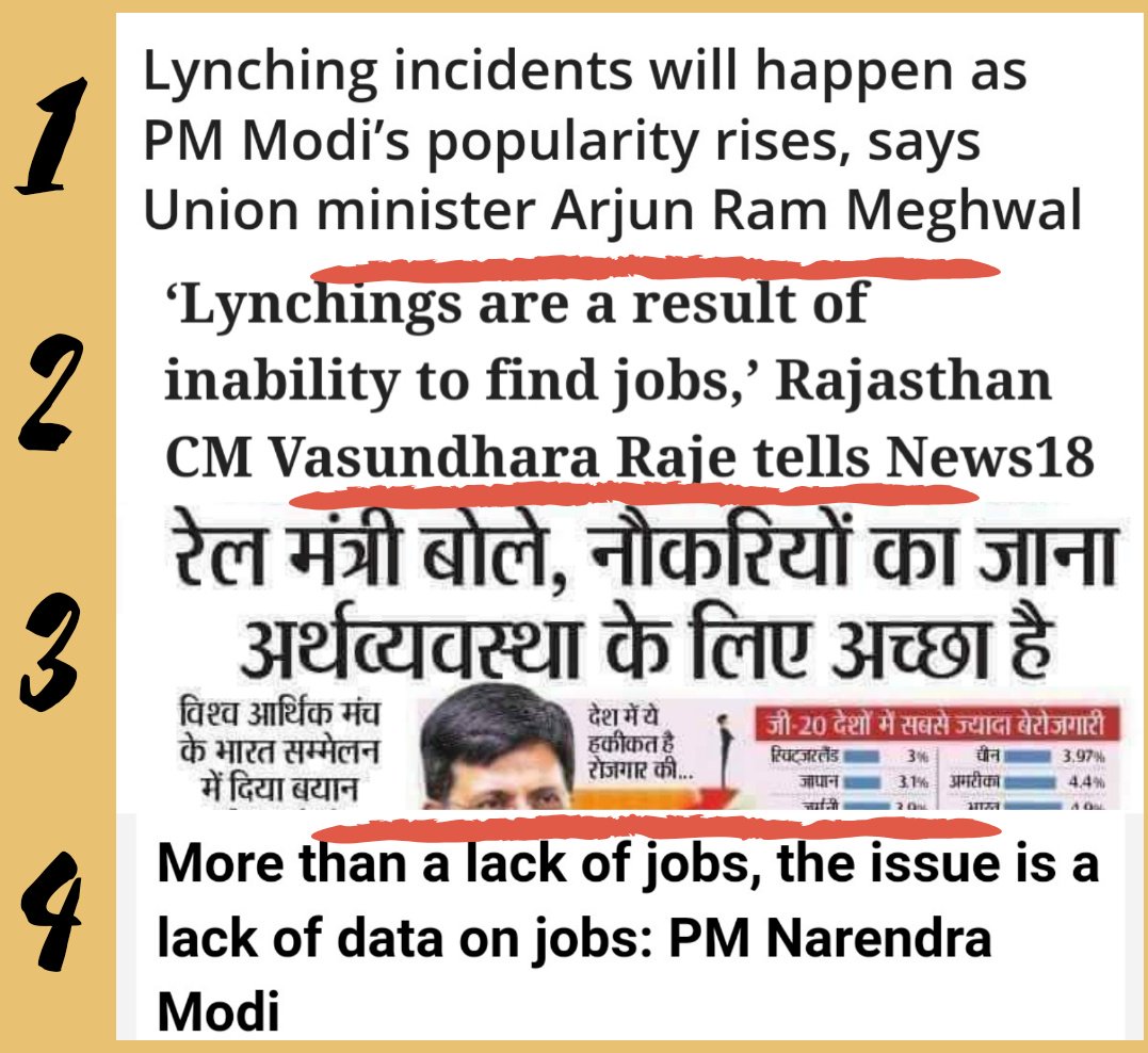aksology's tweet image. Deen Dayal Upadhyay Linear Equation:

If Modi Popularity∝ Lynching (Meghwal)

&amp;amp; Lynching ∝ Unemployment (Raje)

&amp;amp; Unemployment ∝ Economy (Goyal)

Then prove that lack of data on jobs is bigger issue than the the jobs itself.

#DildoModiKo