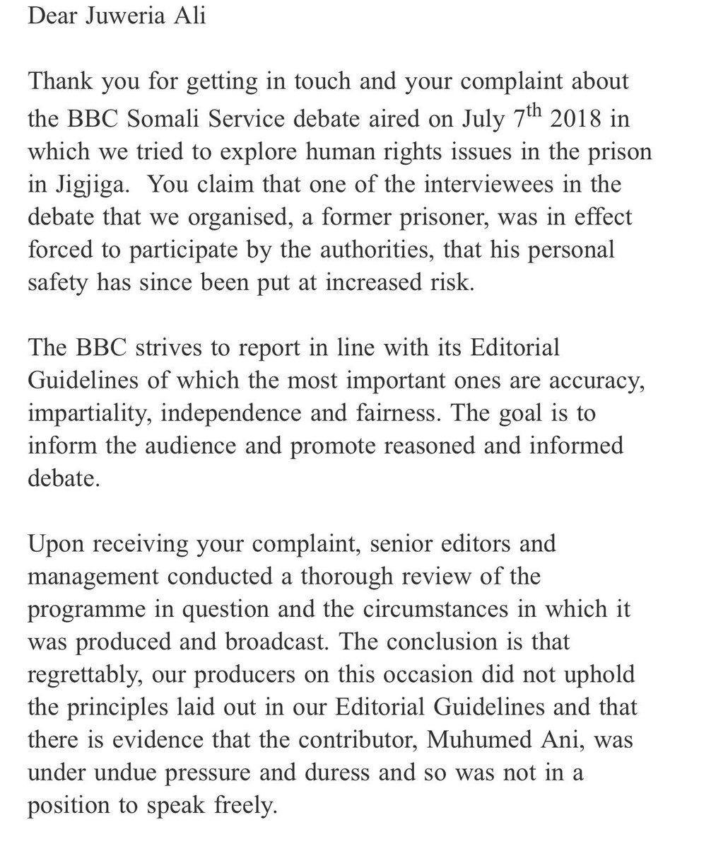 BJuweria's tweet photo. Glad to see that @BBCWorld is prepared to admit that the @BBCSomali interview with Muxumed Anni (Jail Ogaden detainee) was in fact conducted while his life was under threat. Muxumed has since lost his livelihood and risked his life to flee the Somali Region.

@HarunMaruf @hrw https://t.co/lI4lfE4b9R