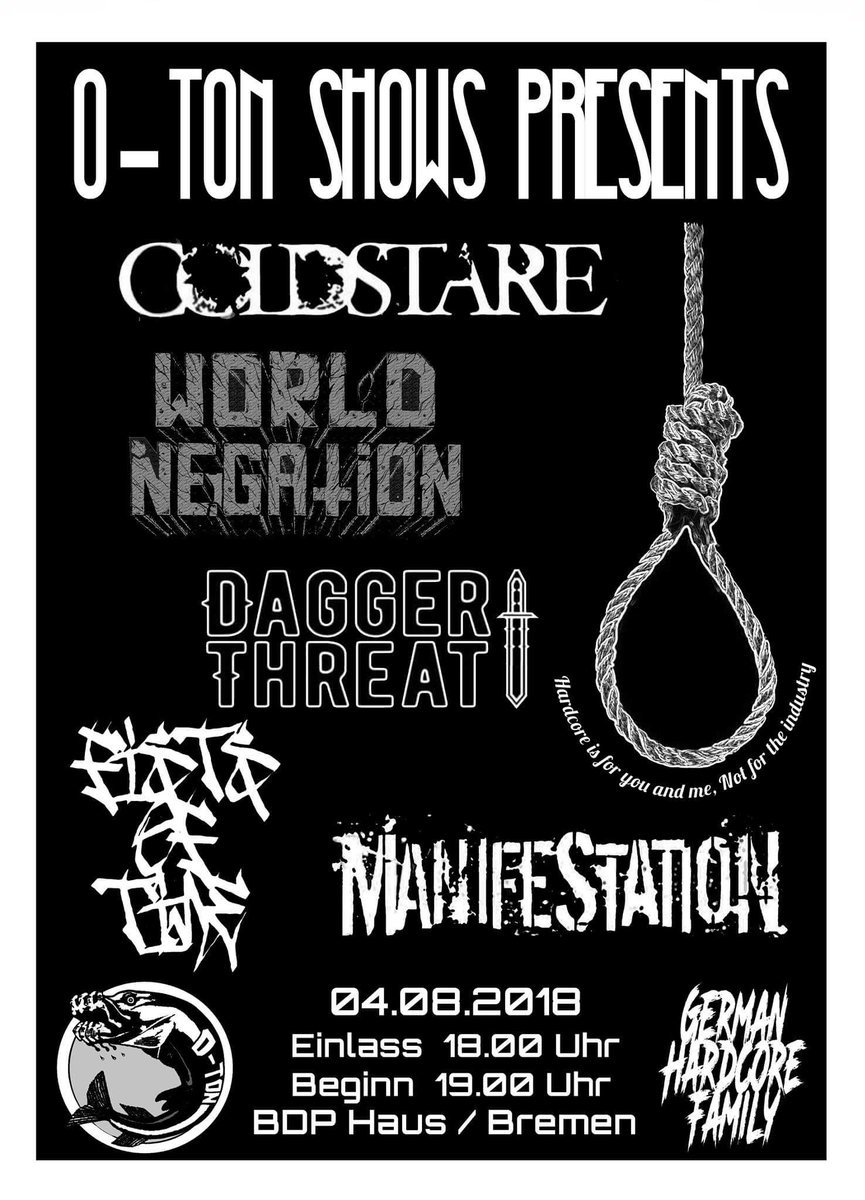 Saturday August 4th at #bdphausbremen with #worldnegation #fistsoftime and #daggerthreat. Mosh! #coldstare #germanhardcorefamily #otonshows #oldschoolhardcore #hxclives