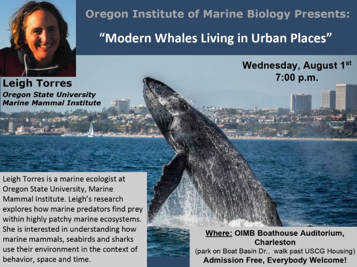 All are welcome for our public seminar tomorrow evening: 'Modern Whales Living in Urban Places” by @HatfieldMSC's Dr. Leigh Torres (@GemmLabOSU)! Weds. Aug 1, OIMB Boathouse, 7 pm.
