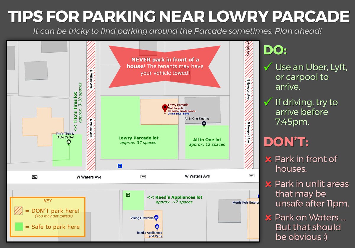 NerdBrewTrivia's tweet photo. Parking can be tricky sometimes near the Parcade! Follow this handy graphic to make sure you're able to arrive on time tonight! 🤓 https://t.co/9gyIlnTQOH