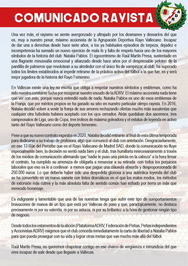 Este partido no lo va a jugar <a href="/Natalia_Pablos7/">Natalia_Pablos</a> sola, si nos tocan a un@ nos tocan a tod@s.
Queremos que el Presidente del <a href="/RayoVallecano/">Rayo Vallecano</a> ponga fin a esta nueva torpeza.