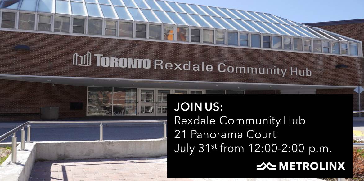FinchWestLRT's tweet photo. Stop by the #RexdaleCommunityHub today from 12-2 p.m. to talk transit and get the latest updates on the @Metrolinx #FinchWestLRT project https://t.co/frkoDGK9AS