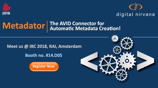 Digital_Nirvana's tweet photo. Know more about #DigitalNirvana product #Metadator that helps ingestion of metadata with locator @ #IBC2018, taking place in Amsterdam at #Booth no. #14.D05. https://t.co/wu9odt50ve 

#Metadata #Avidinterplay #IBC #IBCShow #Amsterdam https://t.co/G88l6VlbqZ