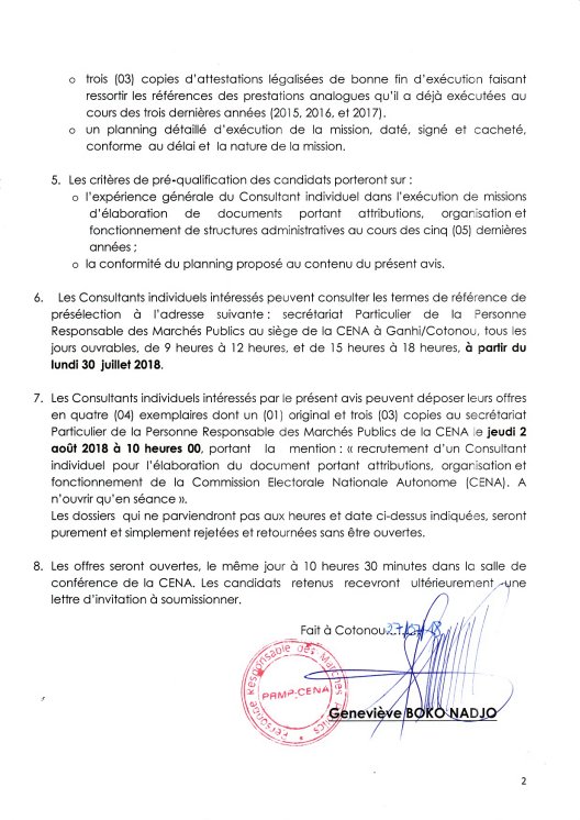 Relance de l'avis à manifestation d’intérêt relatif au recrutement d'un Consultant individuel pour l'élaboration du document portant attributions, organisation et fonctionnement de la <a href="/Cenabenin_info/">CENA BÉNIN</a>