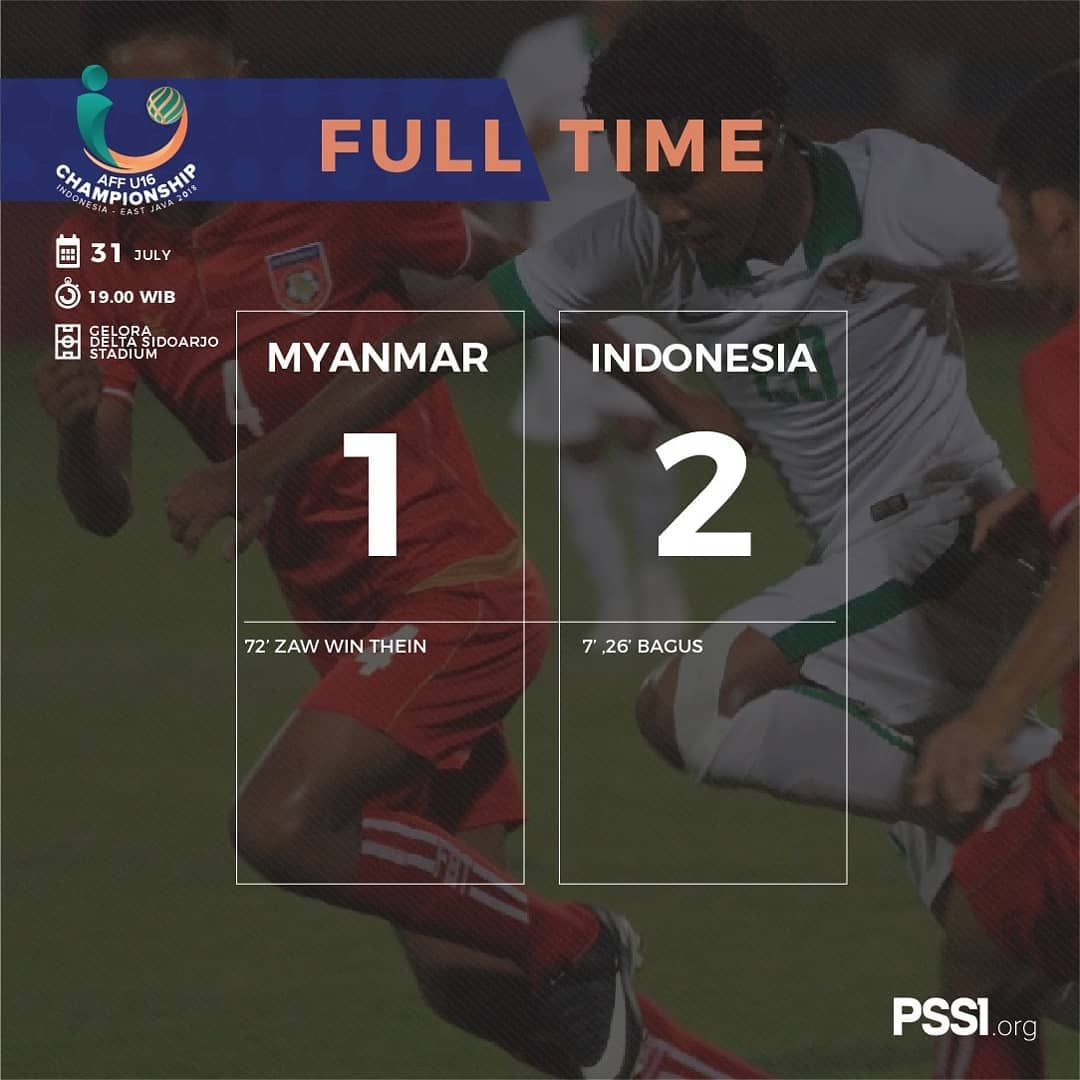 Hasil pertandingan  AFF U-16 Championship 2018
#Myanmar 🇲🇲 1-2 🇮🇩 #INDONESIA
Kemenangan ini membuat Indonesia berada di puncak klasemen Grup A . Komentar kalian tentang penampilan Timnas U16 di pertandingan kedua?

---
NEXT MATCH
Kamis, 2 Agustus 2018 vs Vietnam